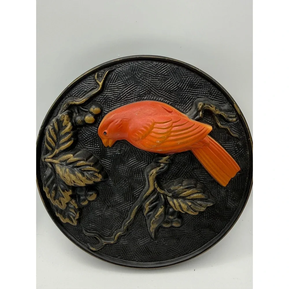 Vintage 1968 Miller Studio Red Cardinal Bird Wall Plaque Set 2 Piece Round MCM